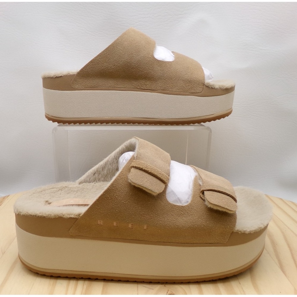 Reef Ojai Ciara Platform Sandals Womens Tan Size 7 Leather Faux Fur NEW